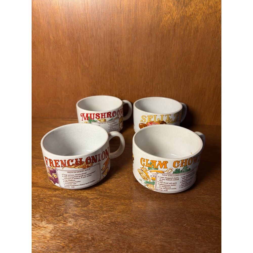 1970s VTG Recipe Soup Mugs Set of 4 French Onion Clam Chowder Split Pea Mushroom - Picture 3 of 15